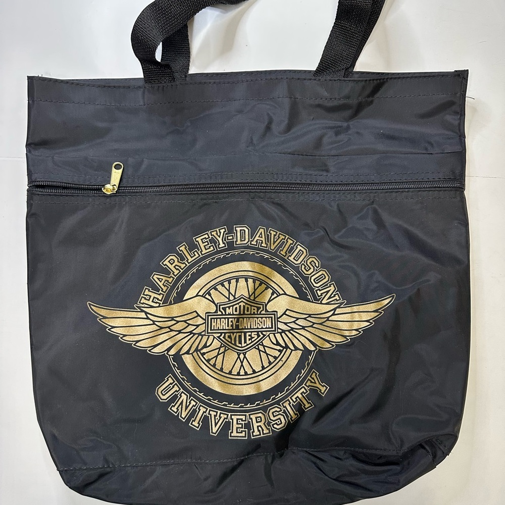 Harley-Davidson University Black Tote Bag With Front Zipper Gold Accent Logo